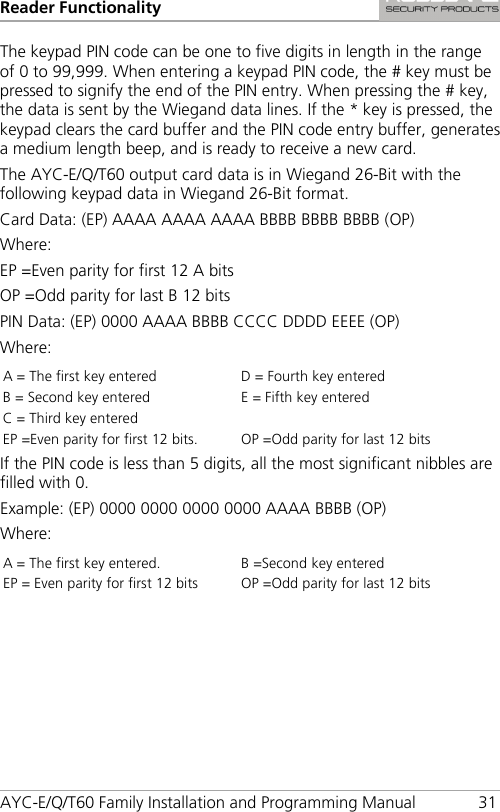 Reader Functionality AYC-E/Q/T60 Family Installation and Programming Manual 31 The keypad PIN code can be one to five digits in length in the range of 0 to 99,999. When entering a keypad PIN code, the # key must be pressed to signify the end of the PIN entry. When pressing the # key, the data is sent by the Wiegand data lines. If the * key is pressed, the keypad clears the card buffer and the PIN code entry buffer, generates a medium length beep, and is ready to receive a new card. The AYC-E/Q/T60 output card data is in Wiegand 26-Bit with the following keypad data in Wiegand 26-Bit format. Card Data: (EP) AAAA AAAA AAAA BBBB BBBB BBBB (OP) Where: EP =Even parity for first 12 A bits OP =Odd parity for last B 12 bits PIN Data: (EP) 0000 AAAA BBBB CCCC DDDD EEEE (OP) Where: A = The first key entered D = Fourth key entered B = Second key entered E = Fifth key entered C = Third key entered   EP =Even parity for first 12 bits. OP =Odd parity for last 12 bits If the PIN code is less than 5 digits, all the most significant nibbles are filled with 0. Example: (EP) 0000 0000 0000 0000 AAAA BBBB (OP) Where: A = The first key entered. B =Second key entered EP = Even parity for first 12 bits OP =Odd parity for last 12 bits 