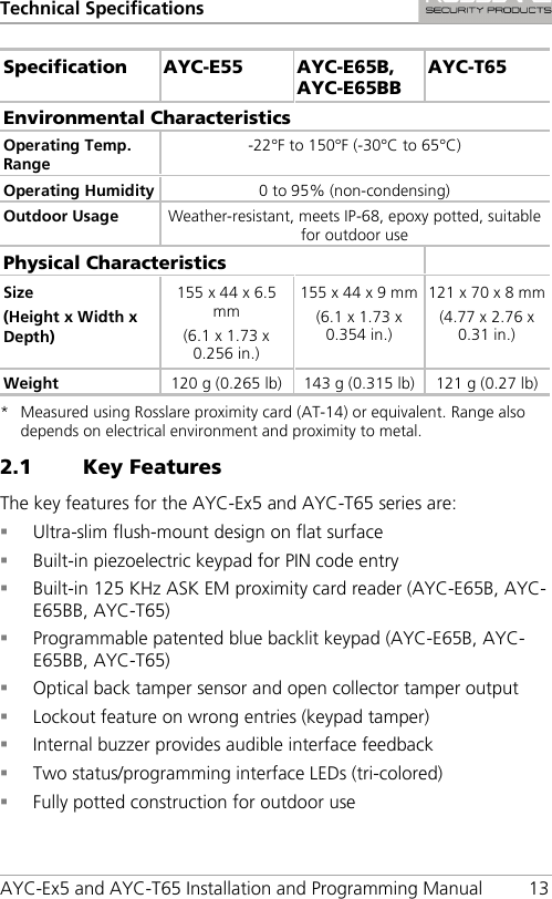 Technical Specifications AYC-Ex5 and AYC-T65 Installation and Programming Manual 13 Specification AYC-E55  AYC-E65B, AYC-E65BB AYC-T65 Environmental Characteristics Operating Temp. Range -22°F to 150°F (-30°C to 65°C) Operating Humidity 0 to 95% (non-condensing) Outdoor Usage Weather-resistant, meets IP-68, epoxy potted, suitable for outdoor use Physical Characteristics   Size (Height x Width x Depth) 155 x 44 x 6.5 mm (6.1 x 1.73 x 0.256 in.) 155 x 44 x 9 mm (6.1 x 1.73 x 0.354 in.) 121 x 70 x 8 mm (4.77 x 2.76 x 0.31 in.) Weight 120 g (0.265 lb) 143 g (0.315 lb) 121 g (0.27 lb) *  Measured using Rosslare proximity card (AT-14) or equivalent. Range also depends on electrical environment and proximity to metal. 2.1 Key Features The key features for the AYC-Ex5 and AYC-T65 series are:  Ultra-slim flush-mount design on flat surface  Built-in piezoelectric keypad for PIN code entry  Built-in 125 KHz ASK EM proximity card reader (AYC-E65B, AYC-E65BB, AYC-T65)  Programmable patented blue backlit keypad (AYC-E65B, AYC-E65BB, AYC-T65)  Optical back tamper sensor and open collector tamper output  Lockout feature on wrong entries (keypad tamper)  Internal buzzer provides audible interface feedback  Two status/programming interface LEDs (tri-colored)  Fully potted construction for outdoor use 