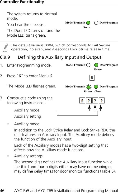 Controller Functionality 46 AYC-Ex5 and AYC-T65 Installation and Programming Manual The system returns to Normal mode. You hear three beeps. The Door LED turns off and the Mode LED turns green.    The default value is 0004, which corresponds to Fail Secure operation, no siren, and 4-seconds Lock Strike release time. 6.9.9 Defining the Auxiliary Input and Output 1. Enter Programming mode.  2. Press “6” to enter Menu 6.  The Mode LED flashes green.  3. Construct a code using the following instructions:   Auxiliary mode Auxiliary setting   Auxiliary mode In addition to the Lock Strike Relay and Lock Strike REX, the unit features an Auxiliary Input. The Auxiliary mode defines the function of the Auxiliary Input. Each of the Auxiliary modes has a two-digit setting that affects how the Auxiliary mode functions.  Auxiliary settings The second digit defines the Auxiliary Input function while the third and fourth digits either may have no meaning or may define delay times for door monitor functions (Table 5). Mode/Transmit Door/Program Green  Mode/Transmit Door/Program  Green  Mode/Transmit Door/Program Green Green 