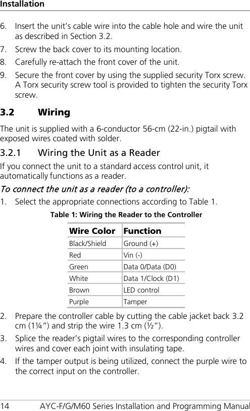 Installation 14 AYC-F/G/M60 Series Installation and Programming Manual 6. Insert the unit’s cable wire into the cable hole and wire the unit as described in Section  3.2. 7. Screw the back cover to its mounting location. 8. Carefully re-attach the front cover of the unit. 9. Secure the front cover by using the supplied security Torx screw. A Torx security screw tool is provided to tighten the security Torx screw. 3.2 Wiring The unit is supplied with a 6-conductor 56-cm (22-in.) pigtail with exposed wires coated with solder. 3.2.1 Wiring the Unit as a Reader If you connect the unit to a standard access control unit, it automatically functions as a reader. To connect the unit as a reader (to a controller): 1. Select the appropriate connections according to Table 1. Table 1: Wiring the Reader to the Controller Wire Color Function Black/Shield  Ground (+) Red Vin (-) Green  Data 0/Data (D0) White Data 1/Clock (D1) Brown  LED control Purple  Tamper 2. Prepare the controller cable by cutting the cable jacket back 3.2 cm (1¼”) and strip the wire 1.3 cm (½”). 3. Splice the reader’s pigtail wires to the corresponding controller wires and cover each joint with insulating tape. 4. If the tamper output is being utilized, connect the purple wire to the correct input on the controller. 