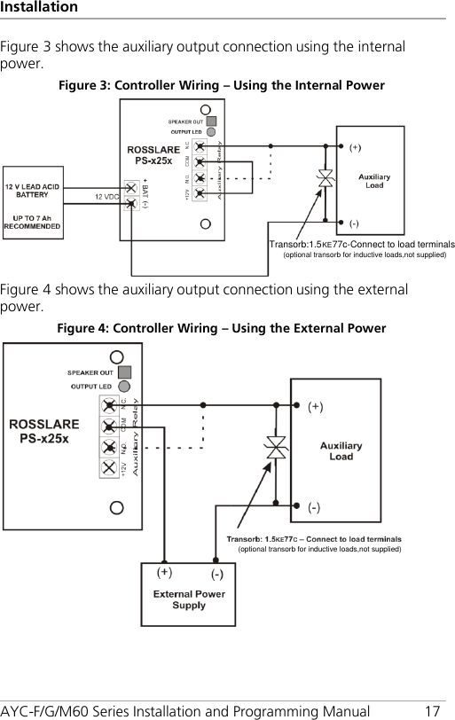 Installation AYC-F/G/M60 Series Installation and Programming Manual 17 Figure 3 shows the auxiliary output connection using the internal power. Figure 3: Controller Wiring – Using the Internal Power  Figure 4 shows the auxiliary output connection using the external power. Figure 4: Controller Wiring – Using the External Power   Transorb:1.5KE77c-Connect to load terminals(optional transorb for inductive loads,not supplied)(optional transorb for inductive loads,not supplied)