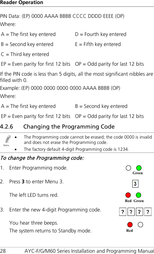 Reader Operation 28 AYC-F/G/M60 Series Installation and Programming Manual PIN Data: (EP) 0000 AAAA BBBB CCCC DDDD EEEE (OP) Where: A = The first key entered D = Fourth key entered B = Second key entered E = Fifth key entered C = Third key entered   EP = Even parity for first 12 bits OP = Odd parity for last 12 bits If the PIN code is less than 5 digits, all the most significant nibbles are filled with 0. Example: (EP) 0000 0000 0000 0000 AAAA BBBB (OP) Where: A = The first key entered B = Second key entered EP = Even parity for first 12 bits OP = Odd parity for last 12 bits 4.2.6 Changing the Programming Code  • The Programming code cannot be erased; the code 0000 is invalid and does not erase the Programming code. • The factory default 4-digit Programming code is 1234. To change the Programming code: 1. Enter Programming mode.  2. Press 3 to enter Menu 3.  The left LED turns red.  3. Enter the new 4-digit Programming code.   You hear three beeps. The system returns to Standby mode.   Red Red Green Green 