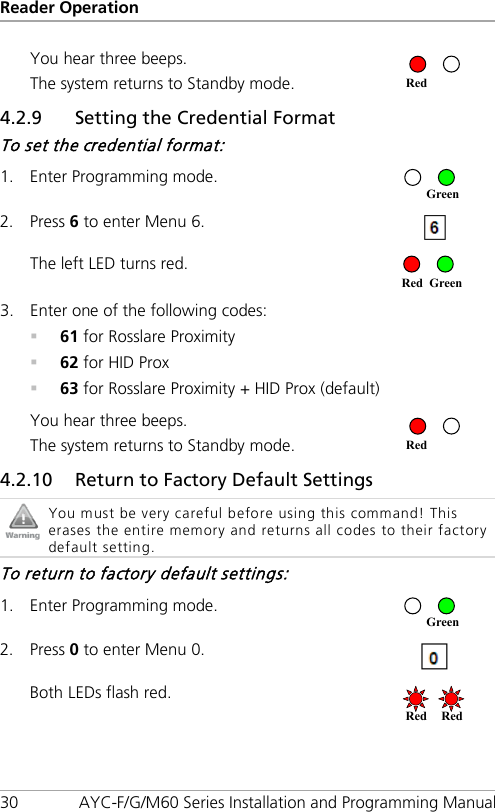 Reader Operation 30 AYC-F/G/M60 Series Installation and Programming Manual You hear three beeps. The system returns to Standby mode.   4.2.9 Setting the Credential Format To set the credential format: 1. Enter Programming mode.  2. Press 6 to enter Menu 6.  The left LED turns red.  3. Enter one of the following codes:  61 for Rosslare Proximity  62 for HID Prox  63 for Rosslare Proximity + HID Prox (default) You hear three beeps. The system returns to Standby mode.   4.2.10 Return to Factory Default Settings  You must be very careful before using this command! This erases the entire memory and returns all codes to their factory default setting. To return to factory default settings: 1. Enter Programming mode.  2. Press 0 to enter Menu 0.  Both LEDs flash red.  Red Red  Green Red Red Green Green Red 