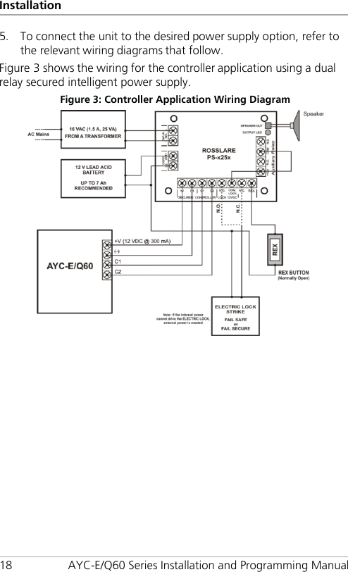 Installation 18 AYC-E/Q60 Series Installation and Programming Manual 5. To connect the unit to the desired power supply option, refer to the relevant wiring diagrams that follow. Figure 3 shows the wiring for the controller application using a dual relay secured intelligent power supply. Figure 3: Controller Application Wiring Diagram  