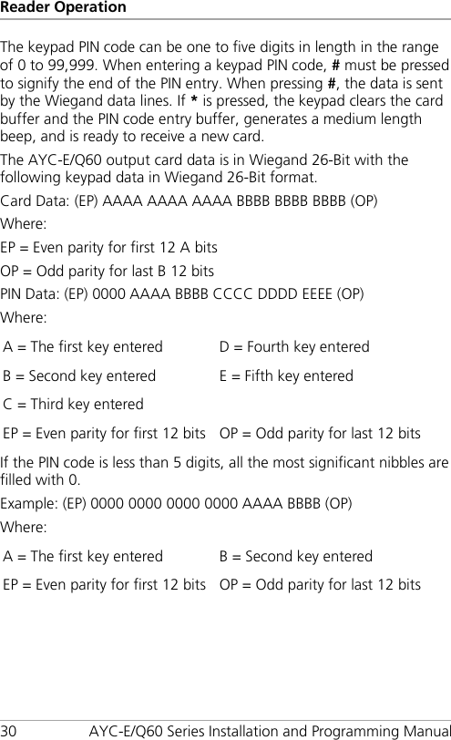 Reader Operation 30 AYC-E/Q60 Series Installation and Programming Manual The keypad PIN code can be one to five digits in length in the range of 0 to 99,999. When entering a keypad PIN code, # must be pressed to signify the end of the PIN entry. When pressing #, the data is sent by the Wiegand data lines. If * is pressed, the keypad clears the card buffer and the PIN code entry buffer, generates a medium length beep, and is ready to receive a new card. The AYC-E/Q60 output card data is in Wiegand 26-Bit with the following keypad data in Wiegand 26-Bit format. Card Data: (EP) AAAA AAAA AAAA BBBB BBBB BBBB (OP) Where: EP = Even parity for first 12 A bits OP = Odd parity for last B 12 bits PIN Data: (EP) 0000 AAAA BBBB CCCC DDDD EEEE (OP) Where: A = The first key entered D = Fourth key entered B = Second key entered E = Fifth key entered C = Third key entered   EP = Even parity for first 12 bits OP = Odd parity for last 12 bits If the PIN code is less than 5 digits, all the most significant nibbles are filled with 0. Example: (EP) 0000 0000 0000 0000 AAAA BBBB (OP) Where: A = The first key entered B = Second key entered EP = Even parity for first 12 bits OP = Odd parity for last 12 bits 