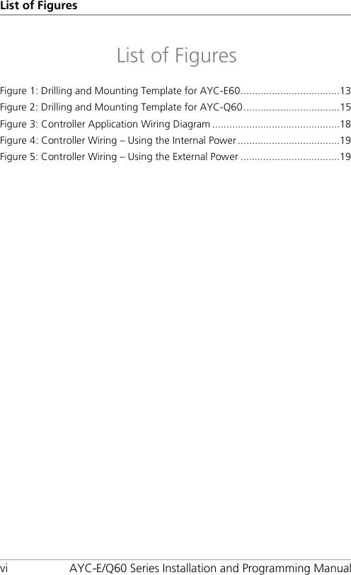 List of Figures vi AYC-E/Q60 Series Installation and Programming Manual List of Figures Figure 1: Drilling and Mounting Template for AYC-E60 ................................... 13 Figure 2: Drilling and Mounting Template for AYC-Q60 .................................. 15 Figure 3: Controller Application Wiring Diagram ............................................. 18 Figure 4: Controller Wiring – Using the Internal Power .................................... 19 Figure 5: Controller Wiring – Using the External Power ................................... 19 