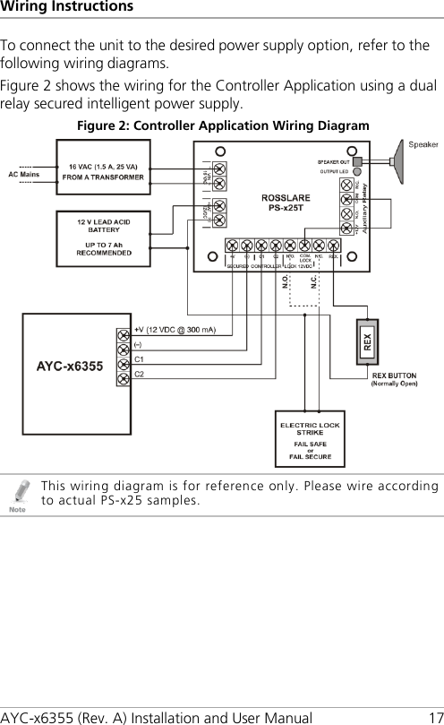Wiring Instructions AYC-x6355 (Rev. A) Installation and User Manual 17 To connect the unit to the desired power supply option, refer to the following wiring diagrams. Figure 2 shows the wiring for the Controller Application using a dual relay secured intelligent power supply. Figure 2: Controller Application Wiring Diagram   This wiring diagram is for reference only. Please wire according to actual PS-x25 samples.  