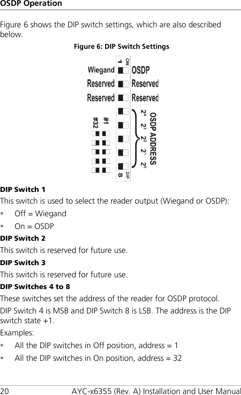 OSDP Operation 20 AYC-x6355 (Rev. A) Installation and User Manual Figure 6 shows the DIP switch settings, which are also described below. Figure 6: DIP Switch Settings  DIP Switch 1 This switch is used to select the reader output (Wiegand or OSDP):  Off = Wiegand  On = OSDP DIP Switch 2 This switch is reserved for future use. DIP Switch 3 This switch is reserved for future use. DIP Switches 4 to 8 These switches set the address of the reader for OSDP protocol. DIP Switch 4 is MSB and DIP Switch 8 is LSB. The address is the DIP switch state +1. Examples:  All the DIP switches in Off position, address = 1  All the DIP switches in On position, address = 32 