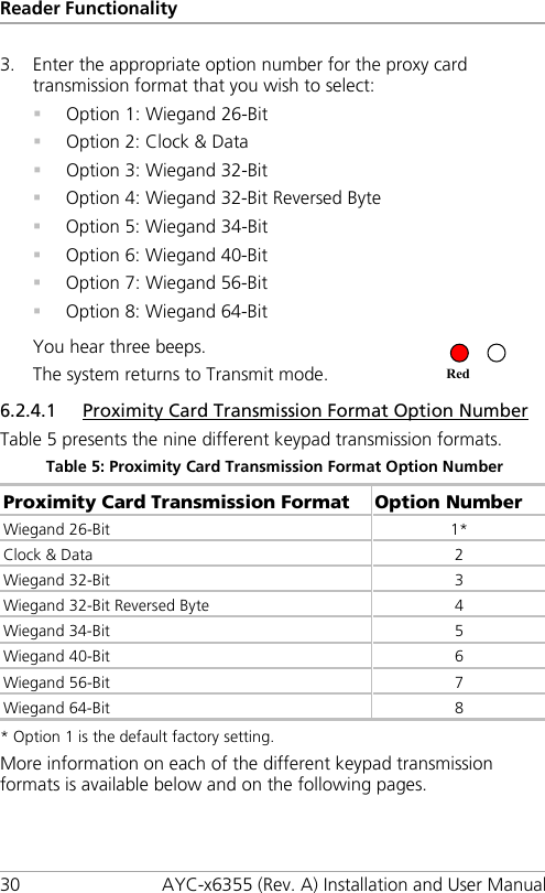 Reader Functionality 30 AYC-x6355 (Rev. A) Installation and User Manual 3. Enter the appropriate option number for the proxy card transmission format that you wish to select:  Option 1: Wiegand 26-Bit  Option 2: Clock &amp; Data  Option 3: Wiegand 32-Bit  Option 4: Wiegand 32-Bit Reversed Byte  Option 5: Wiegand 34-Bit  Option 6: Wiegand 40-Bit  Option 7: Wiegand 56-Bit  Option 8: Wiegand 64-Bit You hear three beeps. The system returns to Transmit mode.   6.2.4.1 Proximity Card Transmission Format Option Number Table 5 presents the nine different keypad transmission formats. Table 5: Proximity Card Transmission Format Option Number Proximity Card Transmission Format Option Number Wiegand 26-Bit 1* Clock &amp; Data  2 Wiegand 32-Bit  3 Wiegand 32-Bit Reversed Byte  4 Wiegand 34-Bit  5 Wiegand 40-Bit  6 Wiegand 56-Bit  7 Wiegand 64-Bit  8 * Option 1 is the default factory setting. More information on each of the different keypad transmission formats is available below and on the following pages. Red 