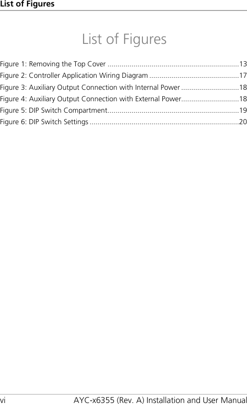 List of Figures vi AYC-x6355 (Rev. A) Installation and User Manual List of Figures Figure 1: Removing the Top Cover .................................................................. 13 Figure 2: Controller Application Wiring Diagram ............................................. 17 Figure 3: Auxiliary Output Connection with Internal Power ............................. 18 Figure 4: Auxiliary Output Connection with External Power............................. 18 Figure 5: DIP Switch Compartment .................................................................. 19 Figure 6: DIP Switch Settings ........................................................................... 20 
