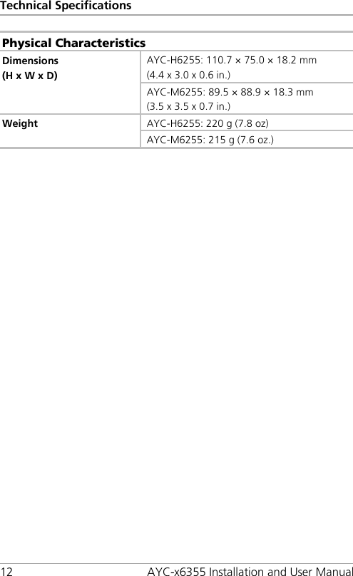 Technical Specifications 12 AYC-x6355 Installation and User Manual Physical Characteristics Dimensions (H x W x D) AYC-H6255: 110.7 × 75.0 × 18.2 mm (4.4 x 3.0 x 0.6 in.) AYC-M6255: 89.5 × 88.9 × 18.3 mm (3.5 x 3.5 x 0.7 in.) Weight AYC-H6255: 220 g (7.8 oz) AYC-M6255: 215 g (7.6 oz.)  