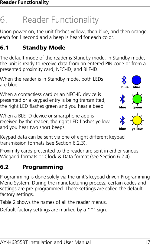 Reader Functionality AY-H6355BT Installation and User Manual 17 6. Reader Functionality Upon power on, the unit flashes yellow, then blue, and then orange, each for 1 second and a beep is heard for each color. 6.1 Standby Mode The default mode of the reader is Standby mode. In Standby mode, the unit is ready to receive data from an entered PIN code or from a presented proximity card, NFC-ID, and BLE-ID. When the reader is in Standby mode, both LEDs are blue.  When a contactless card or an NFC-ID device is presented or a keypad entry is being transmitted, the right LED flashes green and you hear a beep.   When a BLE-ID device or smartphone app is received by the reader, the right LED flashes yellow and you hear two short beeps.  Keypad data can be sent via one of eight different keypad transmission formats (see Section  6.2.3). Proximity cards presented to the reader are sent in either various Wiegand formats or Clock &amp; Data format (see Section  6.2.4). 6.2 Programming Programming is done solely via the unit&apos;s keypad driven Programming Menu System. During the manufacturing process, certain codes and settings are pre-programmed. These settings are called the default factory settings. Table 2 shows the names of all the reader menus. Default factory settings are marked by a &quot;*&quot; sign. blue blue green blue yellow blue 