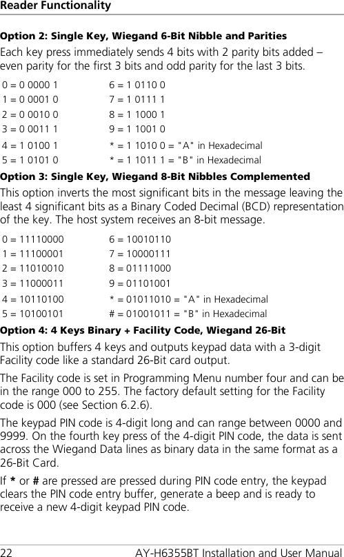 Reader Functionality 22 AY-H6355BT Installation and User Manual Option 2: Single Key, Wiegand 6-Bit Nibble and Parities Each key press immediately sends 4 bits with 2 parity bits added – even parity for the first 3 bits and odd parity for the last 3 bits. 0 = 0 0000 1 6 = 1 0110 0 1 = 0 0001 0 7 = 1 0111 1 2 = 0 0010 0 8 = 1 1000 1 3 = 0 0011 1 9 = 1 1001 0 4 = 1 0100 1 * = 1 1010 0 = &quot;A&quot; in Hexadecimal 5 = 1 0101 0  * = 1 1011 1 = &quot;B&quot; in Hexadecimal Option 3: Single Key, Wiegand 8-Bit Nibbles Complemented This option inverts the most significant bits in the message leaving the least 4 significant bits as a Binary Coded Decimal (BCD) representation of the key. The host system receives an 8-bit message. 0 = 11110000 6 = 10010110 1 = 11100001 7 = 10000111 2 = 11010010 8 = 01111000 3 = 11000011 9 = 01101001 4 = 10110100 * = 01011010 = &quot;A&quot; in Hexadecimal 5 = 10100101 # = 01001011 = &quot;B&quot; in Hexadecimal Option 4: 4 Keys Binary + Facility Code, Wiegand 26-Bit This option buffers 4 keys and outputs keypad data with a 3-digit Facility code like a standard 26-Bit card output. The Facility code is set in Programming Menu number four and can be in the range 000 to 255. The factory default setting for the Facility code is 000 (see Section  6.2.6). The keypad PIN code is 4-digit long and can range between 0000 and 9999. On the fourth key press of the 4-digit PIN code, the data is sent across the Wiegand Data lines as binary data in the same format as a 26-Bit Card. If * or # are pressed are pressed during PIN code entry, the keypad clears the PIN code entry buffer, generate a beep and is ready to receive a new 4-digit keypad PIN code. 