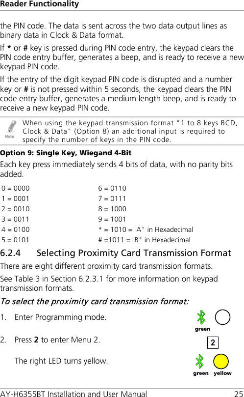 Reader Functionality AY-H6355BT Installation and User Manual 25 the PIN code. The data is sent across the two data output lines as binary data in Clock &amp; Data format. If * or # key is pressed during PIN code entry, the keypad clears the PIN code entry buffer, generates a beep, and is ready to receive a new keypad PIN code. If the entry of the digit keypad PIN code is disrupted and a number key or # is not pressed within 5 seconds, the keypad clears the PIN code entry buffer, generates a medium length beep, and is ready to receive a new keypad PIN code.  When using the keypad transmission format &quot;1 to 8 keys BCD, Clock &amp; Data&quot; (Option 8) an additional input is required to specify the number of keys in the PIN code. Option 9: Single Key, Wiegand 4-Bit Each key press immediately sends 4 bits of data, with no parity bits added. 0 = 0000  6 = 0110 1 = 0001   7 = 0111 2 = 0010   8 = 1000 3 = 0011  9 = 1001 4 = 0100  * = 1010 =&quot;A&quot; in Hexadecimal 5 = 0101   # =1011 =&quot;B&quot; in Hexadecimal 6.2.4 Selecting Proximity Card Transmission Format There are eight different proximity card transmission formats. See Table 3 in Section  6.2.3.1 for more information on keypad transmission formats. To select the proximity card transmission format: 1. Enter Programming mode.  2. Press 2 to enter Menu 2.   The right LED turns yellow.   green yellow green 