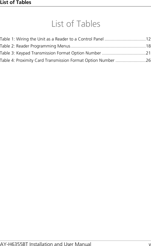 List of Tables AY-H6355BT Installation and User Manual  v List of Tables Table 1: Wiring the Unit as a Reader to a Control Panel .................................. 12 Table 2: Reader Programming Menus .............................................................. 18 Table 3: Keypad Transmission Format Option Number .................................... 21 Table 4: Proximity Card Transmission Format Option Number ......................... 26  