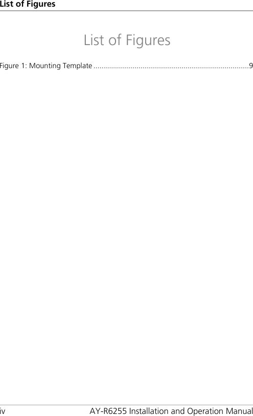 List of Figures iv AY-R6255 Installation and Operation Manual List of Figures Figure 1: Mounting Template ............................................................................ 9 