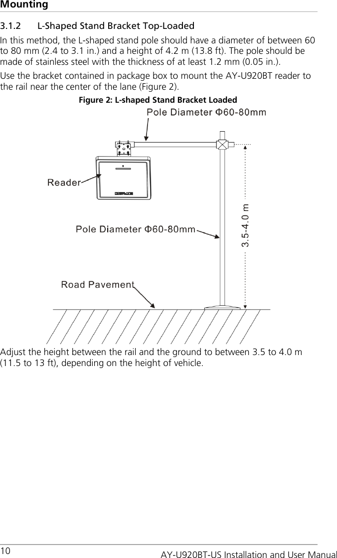 Mounting 10   3.1.2 L-Shaped Stand Bracket Top-Loaded In this method, the L-shaped stand pole should have a diameter of between 60 to 80 mm (2.4 to 3.1 in.) and a height of 4.2 m (13.8 ft). The pole should be made of stainless steel with the thickness of at least 1.2 mm (0.05 in.). Use the bracket contained in package box to mount the AY-U920BT reader to the rail near the center of the lane (Figure 2). Figure 2: L-shaped Stand Bracket Loaded  Adjust the height between the rail and the ground to between 3.5 to 4.0 m (11.5 to 13 ft), depending on the height of vehicle. AY-U920BT-US Installation and User Manual