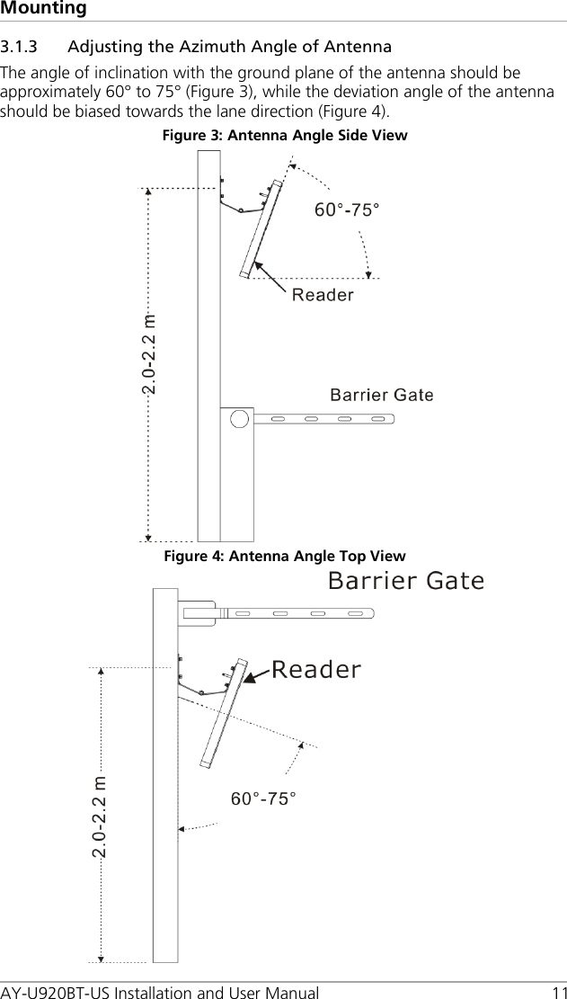 Mounting AY-U920BT-US Installation and User Manual 11 3.1.3 Adjusting the Azimuth Angle of Antenna The angle of inclination with the ground plane of the antenna should be approximately 60° to 75° (Figure 3), while the deviation angle of the antenna should be biased towards the lane direction (Figure 4). Figure 3: Antenna Angle Side View  Figure 4: Antenna Angle Top View  