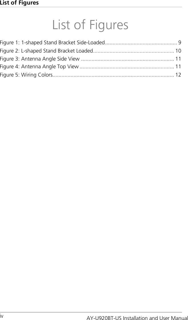 List of Figures iv   List of Figures Figure 1: 1-shaped Stand Bracket Side-Loaded ................................................ 9 Figure 2: L-shaped Stand Bracket Loaded...................................................... 10 Figure 3: Antenna Angle Side View .............................................................. 11 Figure 4: Antenna Angle Top View ............................................................... 11 Figure 5: Wiring Colors................................................................................. 12 AY-U920BT-US Installation and User Manual