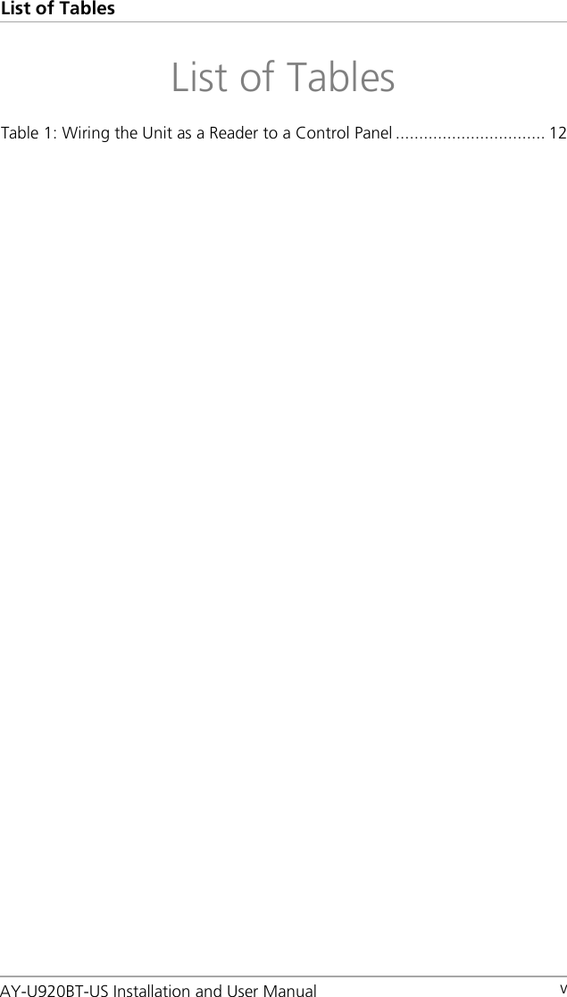 List of Tables   v List of Tables Table 1: Wiring the Unit as a Reader to a Control Panel ................................ 12  AY-U920BT-US Installation and User Manual