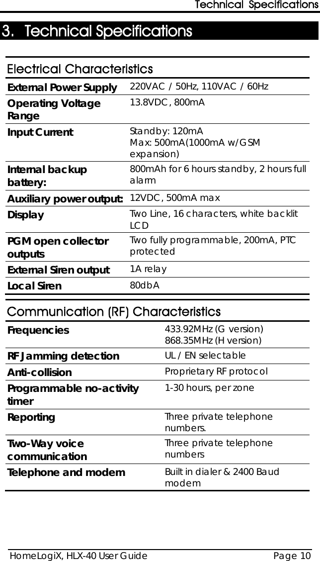 Technical Specifications HomeLogiX, HLX-40 User Guide Page 10  3. Technical Specifications  Electrical Characteristics External Power Supply 220VAC / 50Hz, 110VAC / 60Hz  Operating Voltage Range 13.8VDC, 800mA  Input Current Standby: 120mA  Max: 500mA(1000mA w/GSM expansion) Internal backup battery:  800mAh for 6 hours standby, 2 hours full alarm Auxiliary power output:  12VDC, 500mA max Display Two Line, 16 characters, white backlit LCD PGM open collector outputs Two fully programmable, 200mA, PTC protected External Siren output 1A relay Local Siren  80dbA  Communication (RF) Characteristics Frequencies 433.92MHz (G version) 868.35MHz (H version) RF Jamming detection UL / EN selectable Anti-collision  Proprietary RF protocol Programmable no-activity timer 1-30 hours, per zone Reporting Three private telephone numbers. Two-Way voice communication Three private telephone numbers Telephone and modem Built in dialer &amp; 2400 Baud modem  