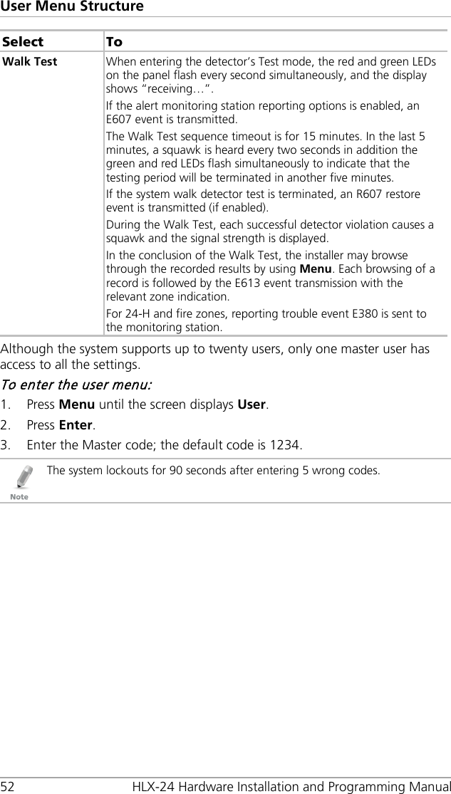 User Menu Structure 52 HLX-24 Hardware Installation and Programming Manual Select To Walk Test When entering the detector’s Test mode, the red and green LEDs on the panel flash every second simultaneously, and the display shows “receiving…”. If the alert monitoring station reporting options is enabled, an E607 event is transmitted. The Walk Test sequence timeout is for 15 minutes. In the last 5 minutes, a squawk is heard every two seconds in addition the green and red LEDs flash simultaneously to indicate that the testing period will be terminated in another five minutes. If the system walk detector test is terminated, an R607 restore event is transmitted (if enabled). During the Walk Test, each successful detector violation causes a squawk and the signal strength is displayed. In the conclusion of the Walk Test, the installer may browse through the recorded results by using Menu. Each browsing of a record is followed by the E613 event transmission with the relevant zone indication. For 24-H and fire zones, reporting trouble event E380 is sent to the monitoring station. Although the system supports up to twenty users, only one master user has access to all the settings. To enter the user menu: 1. Press Menu until the screen displays User. 2. Press Enter. 3. Enter the Master code; the default code is 1234.  The system lockouts for 90 seconds after entering 5 wrong codes.  