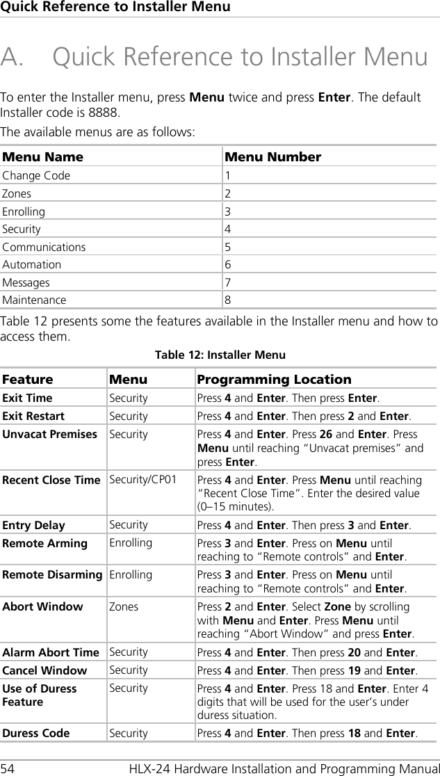 Quick Reference to Installer Menu 54 HLX-24 Hardware Installation and Programming Manual A. Quick Reference to Installer Menu To enter the Installer menu, press Menu twice and press Enter. The default Installer code is 8888. The available menus are as follows: Menu Name Menu Number Change Code  1 Zones  2 Enrolling  3 Security  4 Communications  5 Automation  6 Messages  7 Maintenance  8 Table 12 presents some the features available in the Installer menu and how to access them. Table 12: Installer Menu Feature   Menu  Programming Location Exit Time  Security Press 4 and Enter. Then press Enter.  Exit Restart  Security Press 4 and Enter. Then press 2 and Enter. Unvacat Premises  Security Press 4 and Enter. Press 26 and Enter. Press Menu until reaching “Unvacat premises” and press Enter. Recent Close Time Security/CP01 Press 4 and Enter. Press Menu until reaching “Recent Close Time”. Enter the desired value (0–15 minutes). Entry Delay  Security Press 4 and Enter. Then press 3 and Enter. Remote Arming  Enrolling Press 3 and Enter. Press on Menu until reaching to “Remote controls” and Enter. Remote Disarming Enrolling Press 3 and Enter. Press on Menu until reaching to “Remote controls” and Enter. Abort Window  Zones Press 2 and Enter. Select Zone by scrolling with Menu and Enter. Press Menu until reaching “Abort Window” and press Enter. Alarm Abort Time Security Press 4 and Enter. Then press 20 and Enter. Cancel Window  Security Press 4 and Enter. Then press 19 and Enter. Use of Duress Feature  Security Press 4 and Enter. Press 18 and Enter. Enter 4 digits that will be used for the user’s under duress situation. Duress Code Security Press 4 and Enter. Then press 18 and Enter. 