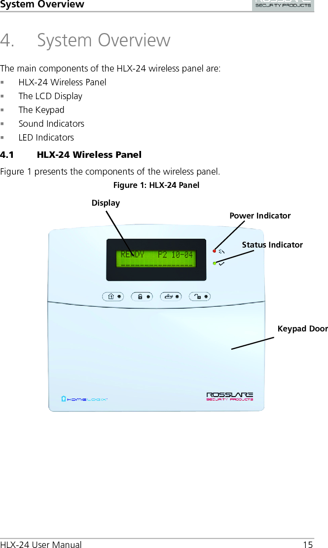 System Overview HLX-24 User Manual 15 4. System Overview The main components of the HLX-24 wireless panel are:  HLX-24 Wireless Panel  The LCD Display  The Keypad  Sound Indicators  LED Indicators 4.1 HLX-24 Wireless Panel Figure 1 presents the components of the wireless panel. Figure 1: HLX-24 Panel    Display Power Indicator Status Indicator Keypad Door 