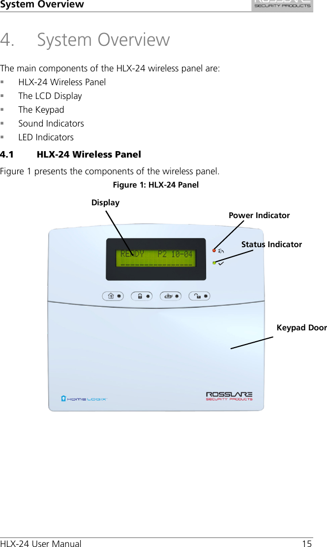 System Overview HLX-24 User Manual 15 4. System Overview The main components of the HLX-24 wireless panel are:  HLX-24 Wireless Panel  The LCD Display  The Keypad  Sound Indicators  LED Indicators 4.1 HLX-24 Wireless Panel Figure 1 presents the components of the wireless panel. Figure 1: HLX-24 Panel    Display Power Indicator Status Indicator Keypad Door 