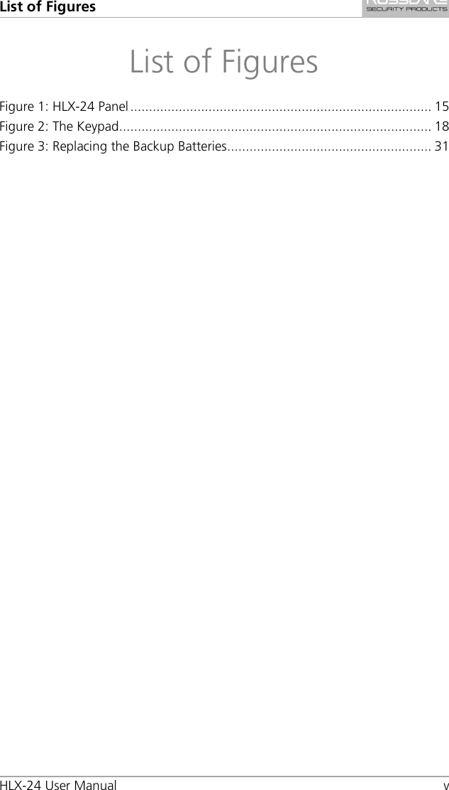 List of Figures HLX-24 User Manual  v List of Figures Figure 1: HLX-24 Panel ................................................................................. 15Figure 2: The Keypad.................................................................................... 18Figure 3: Replacing the Backup Batteries....................................................... 31