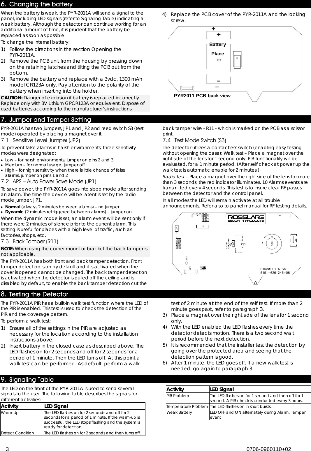  3 0706-0960110+02  6. Changing the battery When the battery is weak, the PYR-2011A will send a signal to the panel, including LED signals (refer to Signaling Table) indicating a weak battery. Although the detector can continue working for an additional amount of time, it is prudent that the battery be replaced as soon as possible. To change the internal battery:  1)  Follow the directions in the section Opening the  PYR-2011A. 2)  Remove the PCB unit from the housing by pressing down on the retaining latches and tilting the PCB out from the bottom. 3)  Remove the battery and replace with a 3vdc, 1300 mAh model CR123A only. Pay attention to the polarity of the battery when inserting into the holder. CAUTION: Danger of explosion if battery is replaced incorrectly. Replace only with 3V Lithium GPCR123A or equivalent. Dispose of used batteries according to the manufacturer’s instructions. 4)  Replace the PCB cover of the PYR-2011A and the locking screw.   7. Jumper and Tamper Setting PYR-2011A has two jumpers, JP1 and JP2 and reed switch S3 (test mode) operated by placing a magnet over it. 7.1 Sensitive Level Jumper (JP2) To prevent false alarms in harsh environments, three sensitivity modes were designated:  • Low – for harsh environments, jumper on pins 2 and 3 • Medium – for normal usage, jumper off • High – for high sensitivity when there is little chance of false alarms, jumper on pins 1 and 2 7.2 APS – Auto Power Save Mode (JP1) To save power, the PYR-2011A goes into sleep mode after sending an alarm. The time the device will be latent is set by the radio mode jumper, JP1. • Normal (always 2 minutes between alarms) – no jumper. • Dynamic (2 minutes retriggered between alarms) – jumper on. When the dynamic mode is set, an alarm event will be sent only if there were 2 minutes of silence prior to the current alarm. This setting is useful for places with a high level of traffic, such as factories, shops, etc. 7.3 Back Tamper (R11) NOTE: When using the corner mount or bracket the back tamper is not applicable. The PYR-2011A has both front and back tamper detection. Front tamper detection is on by default and it is activated when the cover is opened cannot be changed. The back tamper detection is activated when the detector is pulled off the ceiling and is disabled by default, to enable the back tamper detection cut the back tamper wire - R11 - which is marked on the PCB as a scissor print.  7.4 Test Mode Switch (S3) The detector utilizes a contactless switch (enabling easy testing without opening the case): Walk test – Place a magnet over the right side of the lens for 1 second only; PIR functionality will be evaluated, for a 1 minute period. (After self check at power up the walk test is automatic enable for 2 minutes.) Radio test – Place a magnet over the right side of the lens for more than 3 seconds; the red indicator illuminates. 10 Alarms events are transmitted every 4 seconds. This test is to insure clear RF passes between the detector and the control panel. In all modes the LED will remain activate at all trouble announcements. Refer also to panel manual for RF testing details.  8. Testing the Detector The PYR-2011A PIR has a built-in walk test function where the LED of the PIR is enabled. This test is used to check the detection of the PIR and the coverage pattern. To perform a walk test: 1)  Ensure all of the settings in the PIR are adjusted as necessary for the location according to the installation instructions above.  2)  Insert battery in the closed case as described above. The LED flashes on for 2 seconds and off for 2 seconds for a period of 1 minute. Then the LED turns off. At this point a walk test can be performed. As default, perform a walk test of 2 minute at the end of the self test. If more than 2 minute goes past, refer to paragraph 3. 3)  Place a magnet over the right side of the lens for 1 second only. 4)  With the LED enabled the LED flashes every time the detector detects motion. There is a two second wait period before the next detection. 5)  It is recommended that the installer test the detection by going over the protected area and seeing that the detection pattern is good. 6)  After 1 minute, the LED goes off. If a new walk test is needed, go again to paragraph 3. 9. Signaling Table The LED on the front of the PYR-2011A is used to send several signals to the user. The following table describes the signals for different activities: Activity LED Signal Warm-Up The LED flashes on for 2 seconds and off for 2 seconds for a period of 1 minute. If the warm-up is successful, the LED stops flashing and the system is ready for detection. Detect Condition  The LED flashes on for 2 seconds and then turns off. Activity LED Signal PIR Problem The LED flashes on for 1 second and then off for 1 second. A PIR check is conducted every 3 hours. Temperature Problem The LED flashes on in short bursts. Weak Battery LED OFF and ON alternately during Alarm, Tamper event  Battery Place PYR2011 PCB back view 