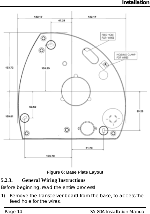 Installation  Figure 6: Base Plate Layout 5.2.3. General Wiring Instructions Before beginning, read the entire process! 1) Remove the Transceiver board from the base, to access the feed hole for the wires. Page 14   SA-80A Installation Manual  