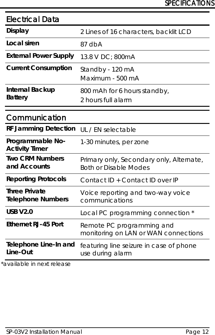 SPECIFICATIONS SP-03V2 Installation Manual Page 12  Electrical Data Display 2 Lines of 16 characters, backlit LCD Local siren 87 dbA External Power Supply 13.8 V DC; 800mA Current Consumption Standby - 120 mA  Maximum - 500 mA  Internal Backup Battery 800 mAh for 6 hours standby,  2 hours full alarm  Communication RF Jamming Detection UL / EN selectable Programmable No-Activity Timer 1-30 minutes, per zone Two CRM Numbers and Accounts Primary only, Secondary only, Alternate, Both or Disable Modes Reporting Protocols Contact ID + Contact ID over IP Three Private Telephone Numbers Voice reporting and two-way voice communications USB V2.0 Local PC programming connection * Ethernet RJ-45 Port Remote PC programming and monitoring on LAN or WAN connections Telephone Line-In and Line-Out featuring line seizure in case of phone use during alarm *available in next release 