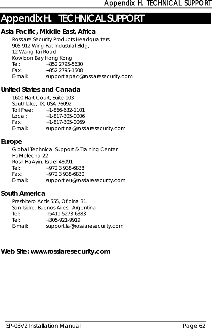  Appendix H. TECHNICAL SUPPORT SP-03V2 Installation Manual Page 62  Appendix H.  TECHNICAL SUPPORT Asia Pacific, Middle East, Africa Rosslare Security Products Headquarters 905-912 Wing Fat Industrial Bldg,  12 Wang Tai Road,  Kowloon Bay Hong Kong  Tel:    +852 2795-5630  Fax:   +852 2795-1508  E-mail:  support.apac@rosslaresecurity.com  United States and Canada  1600 Hart Court, Suite 103 Southlake, TX, USA 76092 Toll Free: +1-866-632-1101 Local: +1-817-305-0006 Fax:   +1-817-305-0069 E-mail:  support.na@rosslaresecurity.com  Europe Global Technical Support &amp; Training Center  HaMelecha 22 Rosh HaAyin, Israel 48091  Tel:    +972 3 938-6838  Fax:   +972 3 938-6830  E-mail:  support.eu@rosslaresecurity.com  South America Presbitero Actis 555, Oficina 31.  San Isidro. Buenos Aires.  Argentina Tel:    +5411-5273-6383  Tel:    +305-921-9919 E-mail:  support.la@rosslaresecurity.com    Web Site: www.rosslaresecurity.com  