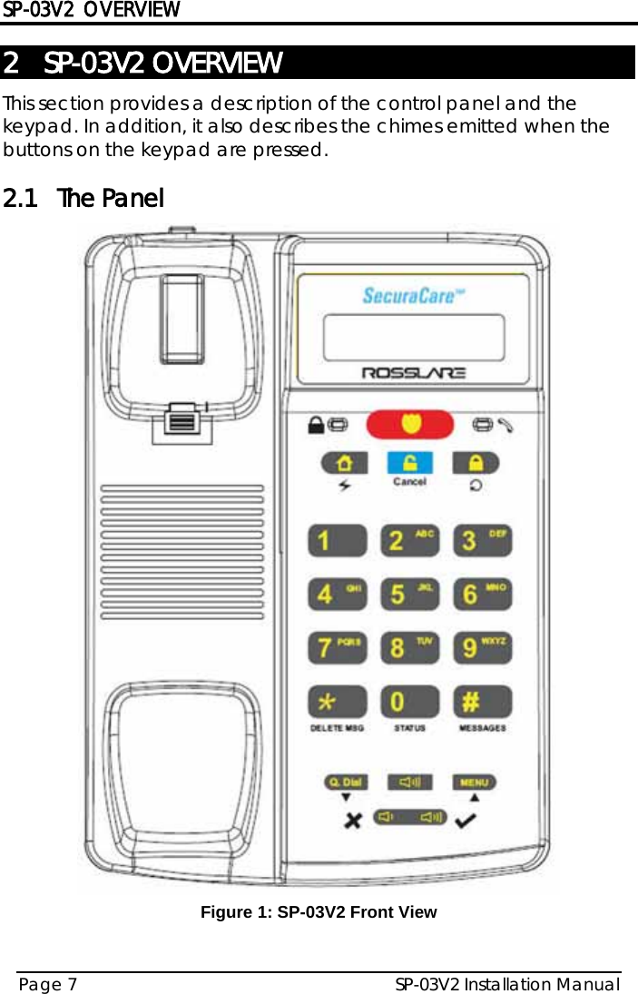 SP-03V2 OVERVIEW SP-03V2 Installation Manual Page 7  2 SP-03V2 OVERVIEW  This section provides a description of the control panel and the keypad. In addition, it also describes the chimes emitted when the buttons on the keypad are pressed. 2.1 The Panel  Figure 1: SP-03V2 Front View 