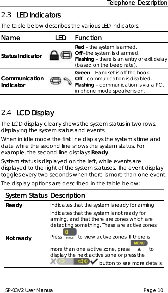 Telephone Description SP-03V2 User Manual Page 10  2.3 LED Indicators The table below describes the various LED indicators. Name LED Function Status Indicator  Red – the system is armed. Off –the system is disarmed. Flashing – there is an entry or exit delay (based on the beep rate). Communication Indicator  Green – Handset is off the hook. Off – communication is disabled. Flashing – communication is via a PC, in phone mode speaker is on.  2.4 LCD Display The LCD display clearly shows the system status in two rows, displaying the system status and events. When in idle mode the first line displays the system&apos;s time and date while the second line shows the system status. For example, the second line displays Ready. System status is displayed on the left, while events are displayed to the right of the system statuses. The event display toggles every two seconds when there is more than one event.  The display options are described in the table below: System Status Description Ready Indicates that the system is ready for arming. Not ready Indicates that the system is not ready for arming, and that there are zones which are detecting something. These are active zones.  Press   to view active zones. If there is more than one active zone, press   to display the next active zone or press the  button to see more details.   