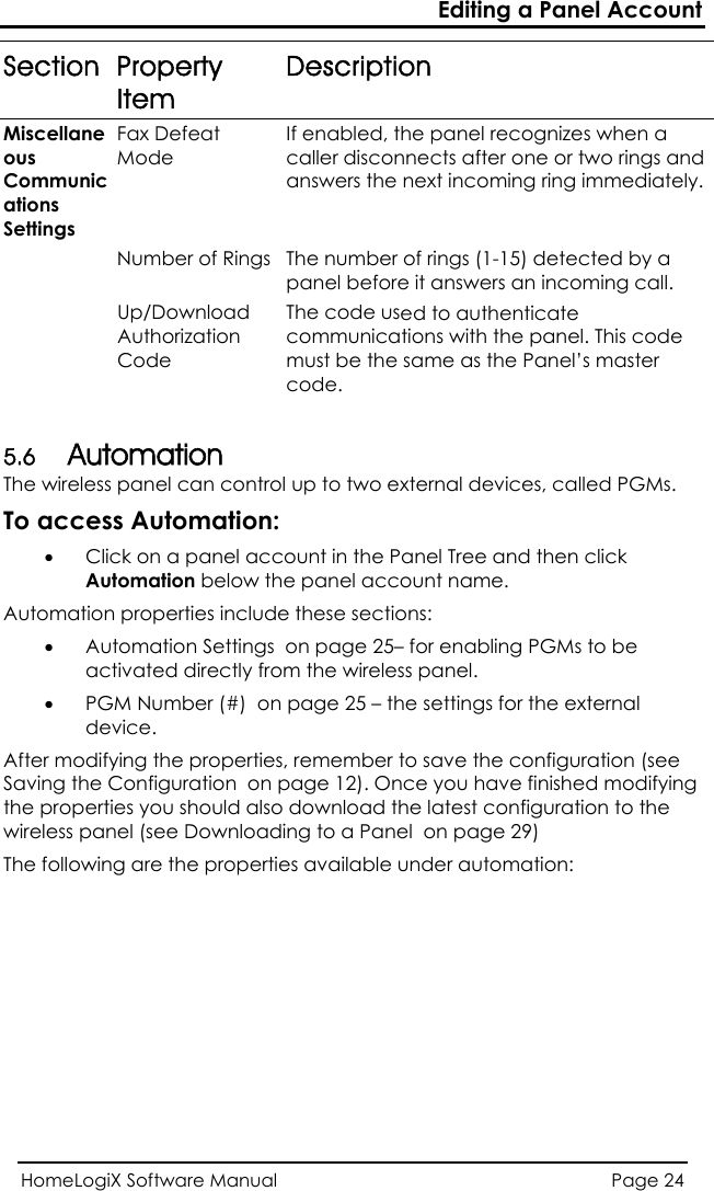 Editing a Panel Account HomeLogiX Software Manual  Page 24   Item Description Section PropertyMiscellane Fax Defous CommunieMode ctions Settings at ming ring immediately.aIf enabled, the panel recognizes when a caller disconnects after one or two rings and answers the next inco  Number of Rings  The number of rings (1-15) detected by a  it answers an incoming call. ation ed to authenticate communications with the panel. This code u  The wireless panel can c• Click on a paneAutomation belo l account name. utomation properties in• Automation Settactivated direct the wireless panel. • PG ber (#device. fter modi  propving the C ration ying e proper hould e wireless panel (see Downhe following propertpanel befored  The code us Up/DownloaAuthorizCode  must be the same as the Panel’s master code.  5.6 A tomationontrol up to two external devices, called PGMs.  on: To access Automatil account in the Panel Tree and then click w the paneA clude these sections: ings  on page 25– for enabling PGMs to be ly from M Num )  on page 25 – the settings for the external A fying the erties, remember to save the configuration (see   on page 12). Once you have finished modifSathonfiguties you s  also download the latest configuration to thloading to a Panel  on page 29) T  are the  ies available under automation: 