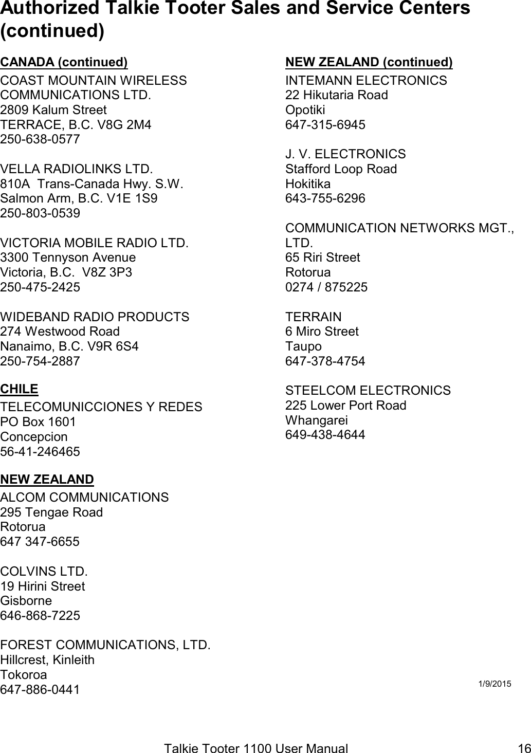 Talkie Tooter 1100 User Manual  16Authorized Talkie Tooter Sales and Service Centers (continued)CANADA (continued) COAST MOUNTAIN WIRELESS COMMUNICATIONS LTD. 2809 Kalum Street TERRACE, B.C. V8G 2M4 250-638-0577  VELLA RADIOLINKS LTD. 810A  Trans-Canada Hwy. S.W. Salmon Arm, B.C. V1E 1S9 250-803-0539  VICTORIA MOBILE RADIO LTD. 3300 Tennyson Avenue Victoria, B.C.  V8Z 3P3 250-475-2425  WIDEBAND RADIO PRODUCTS 274 Westwood Road Nanaimo, B.C. V9R 6S4 250-754-2887 CHILE TELECOMUNICCIONES Y REDES PO Box 1601  Concepcion 56-41-246465 NEW ZEALAND ALCOM COMMUNICATIONS 295 Tengae Road Rotorua 647 347-6655  COLVINS LTD. 19 Hirini Street Gisborne 646-868-7225  FOREST COMMUNICATIONS, LTD. Hillcrest, Kinleith Tokoroa 647-886-0441  NEW ZEALAND (continued) INTEMANN ELECTRONICS 22 Hikutaria Road Opotiki 647-315-6945  J. V. ELECTRONICS Stafford Loop Road Hokitika 643-755-6296  COMMUNICATION NETWORKS MGT., LTD. 65 Riri Street Rotorua 0274 / 875225  TERRAIN 6 Miro Street Taupo 647-378-4754  STEELCOM ELECTRONICS 225 Lower Port Road Whangarei 649-438-4644                 1/9/2015 