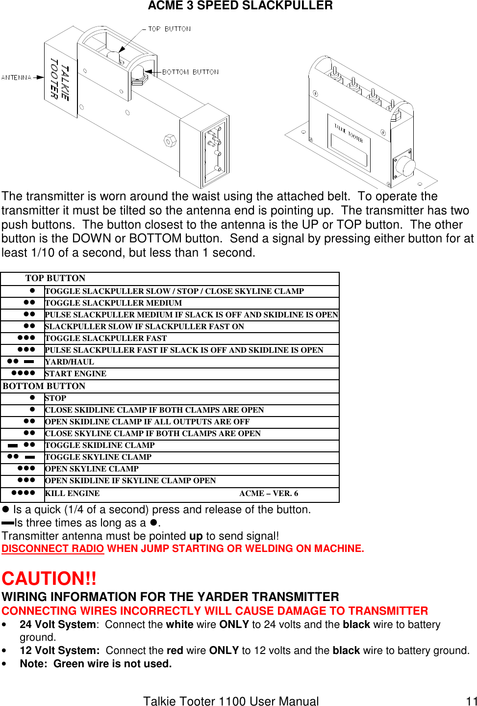 Talkie Tooter 1100 User Manual  11 ACME 3 SPEED SLACKPULLER  The transmitter is worn around the waist using the attached belt.  To operate the transmitter it must be tilted so the antenna end is pointing up.  The transmitter has two push buttons.  The button closest to the antenna is the UP or TOP button.  The other button is the DOWN or BOTTOM button.  Send a signal by pressing either button for at least 1/10 of a second, but less than 1 second.  TOP  BUTTON   TOGGLE SLACKPULLER SLOW / STOP / CLOSE SKYLINE CLAMP   TOGGLE SLACKPULLER MEDIUM   PULSE SLACKPULLER MEDIUM IF SLACK IS OFF AND SKIDLINE IS OPEN   SLACKPULLER SLOW IF SLACKPULLER FAST ON   TOGGLE SLACKPULLER FAST   PULSE SLACKPULLER FAST IF SLACK IS OFF AND SKIDLINE IS OPEN        YARD/HAUL   START ENGINE BOTTOM  BUTTON   STOP    CLOSE SKIDLINE CLAMP IF BOTH CLAMPS ARE OPEN   OPEN SKIDLINE CLAMP IF ALL OUTPUTS ARE OFF   CLOSE SKYLINE CLAMP IF BOTH CLAMPS ARE OPEN       TOGGLE SKIDLINE CLAMP     TOGGLE SKYLINE CLAMP   OPEN SKYLINE CLAMP   OPEN SKIDLINE IF SKYLINE CLAMP OPEN   KILL ENGINE                                                                   ACME – VER. 6  Is a quick (1/4 of a second) press and release of the button.     Is three times as long as a . Transmitter antenna must be pointed up to send signal! DISCONNECT RADIO WHEN JUMP STARTING OR WELDING ON MACHINE.  CAUTION!!  WIRING INFORMATION FOR THE YARDER TRANSMITTER CONNECTING WIRES INCORRECTLY WILL CAUSE DAMAGE TO TRANSMITTER • 24 Volt System:  Connect the white wire ONLY to 24 volts and the black wire to battery ground. • 12 Volt System:  Connect the red wire ONLY to 12 volts and the black wire to battery ground. • Note:  Green wire is not used. 