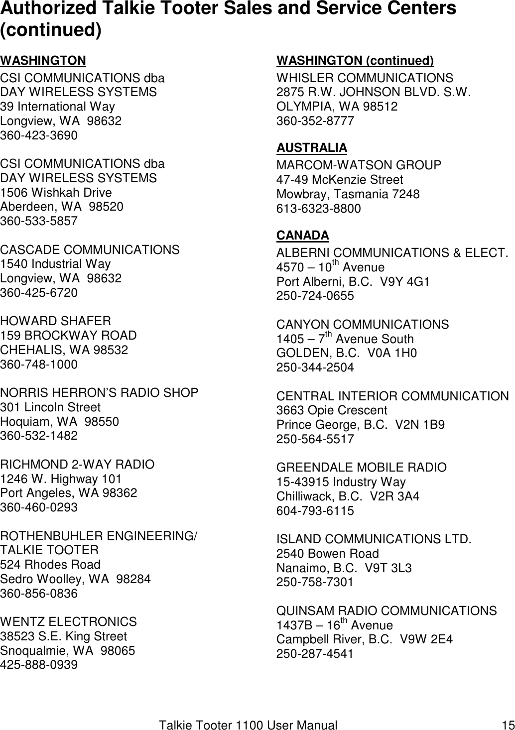 Talkie Tooter 1100 User Manual  15 Authorized Talkie Tooter Sales and Service Centers (continued)WASHINGTON CSI COMMUNICATIONS dba DAY WIRELESS SYSTEMS 39 International Way Longview, WA  98632 360-423-3690  CSI COMMUNICATIONS dba DAY WIRELESS SYSTEMS 1506 Wishkah Drive Aberdeen, WA  98520 360-533-5857  CASCADE COMMUNICATIONS 1540 Industrial Way Longview, WA  98632 360-425-6720  HOWARD SHAFER 159 BROCKWAY ROAD CHEHALIS, WA 98532 360-748-1000  NORRIS HERRON’S RADIO SHOP 301 Lincoln Street Hoquiam, WA  98550 360-532-1482  RICHMOND 2-WAY RADIO 1246 W. Highway 101 Port Angeles, WA 98362 360-460-0293  ROTHENBUHLER ENGINEERING/ TALKIE TOOTER 524 Rhodes Road Sedro Woolley, WA  98284 360-856-0836  WENTZ ELECTRONICS 38523 S.E. King Street Snoqualmie, WA  98065 425-888-0939  WASHINGTON (continued) WHISLER COMMUNICATIONS 2875 R.W. JOHNSON BLVD. S.W. OLYMPIA, WA 98512 360-352-8777 AUSTRALIA MARCOM-WATSON GROUP 47-49 McKenzie Street Mowbray, Tasmania 7248 613-6323-8800 CANADA ALBERNI COMMUNICATIONS &amp; ELECT. 4570 – 10th Avenue Port Alberni, B.C.  V9Y 4G1 250-724-0655  CANYON COMMUNICATIONS 1405 – 7th Avenue South GOLDEN, B.C.  V0A 1H0 250-344-2504  CENTRAL INTERIOR COMMUNICATION 3663 Opie Crescent Prince George, B.C.  V2N 1B9 250-564-5517  GREENDALE MOBILE RADIO 15-43915 Industry Way Chilliwack, B.C.  V2R 3A4 604-793-6115  ISLAND COMMUNICATIONS LTD. 2540 Bowen Road Nanaimo, B.C.  V9T 3L3 250-758-7301  QUINSAM RADIO COMMUNICATIONS 1437B – 16th Avenue Campbell River, B.C.  V9W 2E4 250-287-4541 