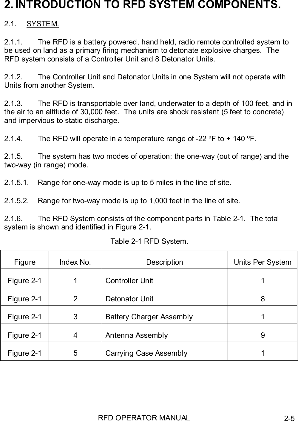 RFD OPERATOR MANUAL 2-52. INTRODUCTION TO RFD SYSTEM COMPONENTS.2.1. SYSTEM.2.1.1.  The RFD is a battery powered, hand held, radio remote controlled system tobe used on land as a primary firing mechanism to detonate explosive charges.  TheRFD system consists of a Controller Unit and 8 Detonator Units.2.1.2.  The Controller Unit and Detonator Units in one System will not operate withUnits from another System.2.1.3.  The RFD is transportable over land, underwater to a depth of 100 feet, and inthe air to an altitude of 30,000 feet.  The units are shock resistant (5 feet to concrete)and impervious to static discharge.2.1.4.  The RFD will operate in a temperature range of -22 ºF to + 140 ºF.2.1.5.  The system has two modes of operation; the one-way (out of range) and thetwo-way (in range) mode.2.1.5.1.  Range for one-way mode is up to 5 miles in the line of site.2.1.5.2.  Range for two-way mode is up to 1,000 feet in the line of site.2.1.6.  The RFD System consists of the component parts in Table 2-1.  The totalsystem is shown and identified in Figure 2-1.Table 2-1 RFD System.Figure Index No. Description Units Per SystemFigure 2-1 1 Controller Unit 1Figure 2-1 2 Detonator Unit 8Figure 2-1 3 Battery Charger Assembly 1Figure 2-1 4 Antenna Assembly 9Figure 2-1 5 Carrying Case Assembly 1
