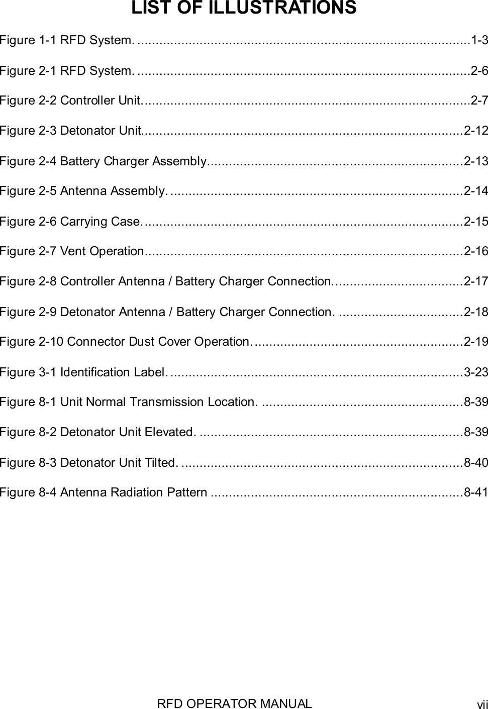 RFD OPERATOR MANUAL viiLIST OF ILLUSTRATIONSFigure 1-1 RFD System. ...........................................................................................1-3Figure 2-1 RFD System. ...........................................................................................2-6Figure 2-2 Controller Unit..........................................................................................2-7Figure 2-3 Detonator Unit........................................................................................2-12Figure 2-4 Battery Charger Assembly......................................................................2-13Figure 2-5 Antenna Assembly. ................................................................................2-14Figure 2-6 Carrying Case........................................................................................2-15Figure 2-7 Vent Operation.......................................................................................2-16Figure 2-8 Controller Antenna / Battery Charger Connection....................................2-17Figure 2-9 Detonator Antenna / Battery Charger Connection. ..................................2-18Figure 2-10 Connector Dust Cover Operation..........................................................2-19Figure 3-1 Identification Label. ................................................................................3-23Figure 8-1 Unit Normal Transmission Location. .......................................................8-39Figure 8-2 Detonator Unit Elevated. ........................................................................8-39Figure 8-3 Detonator Unit Tilted. .............................................................................8-40Figure 8-4 Antenna Radiation Pattern .....................................................................8-41