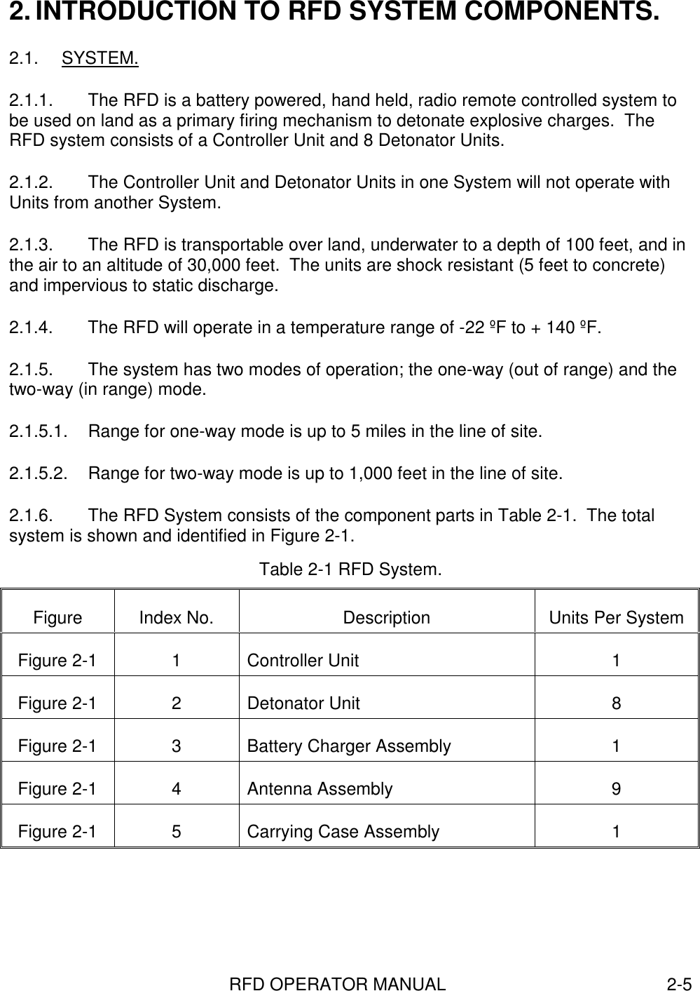 RFD OPERATOR MANUAL 2-52. INTRODUCTION TO RFD SYSTEM COMPONENTS.2.1. SYSTEM.2.1.1.  The RFD is a battery powered, hand held, radio remote controlled system tobe used on land as a primary firing mechanism to detonate explosive charges.  TheRFD system consists of a Controller Unit and 8 Detonator Units.2.1.2.  The Controller Unit and Detonator Units in one System will not operate withUnits from another System.2.1.3.  The RFD is transportable over land, underwater to a depth of 100 feet, and inthe air to an altitude of 30,000 feet.  The units are shock resistant (5 feet to concrete)and impervious to static discharge.2.1.4.  The RFD will operate in a temperature range of -22 ºF to + 140 ºF.2.1.5.  The system has two modes of operation; the one-way (out of range) and thetwo-way (in range) mode.2.1.5.1.  Range for one-way mode is up to 5 miles in the line of site.2.1.5.2.  Range for two-way mode is up to 1,000 feet in the line of site.2.1.6.  The RFD System consists of the component parts in Table 2-1.  The totalsystem is shown and identified in Figure 2-1.Table 2-1 RFD System.Figure Index No. Description Units Per SystemFigure 2-1 1 Controller Unit 1Figure 2-1 2 Detonator Unit 8Figure 2-1 3 Battery Charger Assembly 1Figure 2-1 4 Antenna Assembly 9Figure 2-1 5 Carrying Case Assembly 1