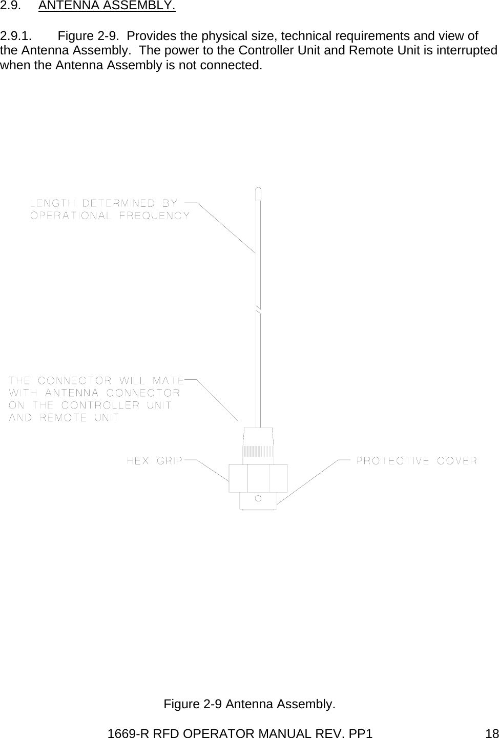 1669-R RFD OPERATOR MANUAL REV. PP1  182.9. ANTENNA ASSEMBLY. 2.9.1.  Figure 2-9.  Provides the physical size, technical requirements and view of the Antenna Assembly.  The power to the Controller Unit and Remote Unit is interrupted when the Antenna Assembly is not connected.  Figure 2-9 Antenna Assembly. 