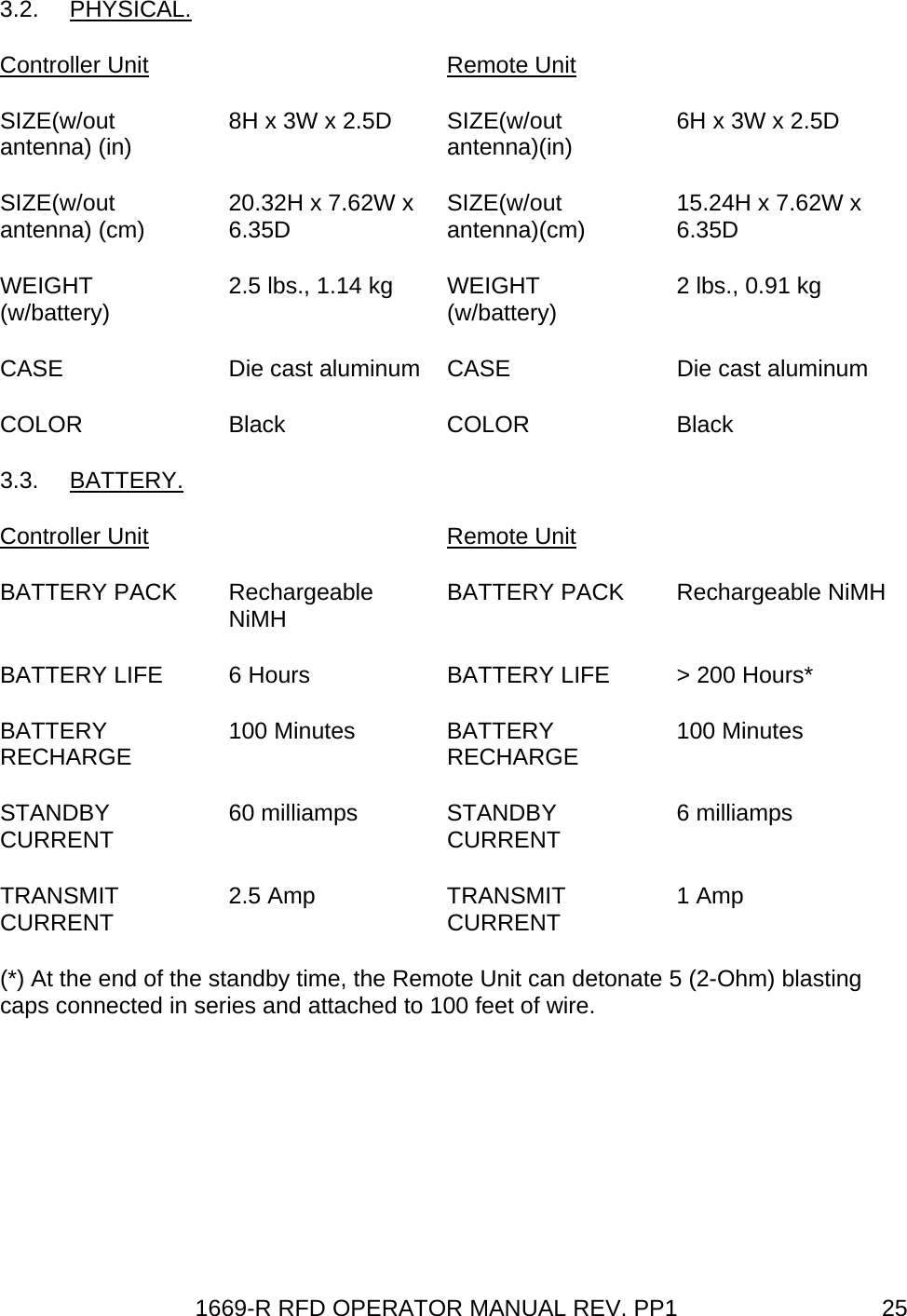 1669-R RFD OPERATOR MANUAL REV. PP1  253.2. PHYSICAL. Controller Unit  Remote Unit  SIZE(w/out antenna) (in)  8H x 3W x 2.5D  SIZE(w/out antenna)(in)  6H x 3W x 2.5D SIZE(w/out antenna) (cm)  20.32H x 7.62W x 6.35D  SIZE(w/out antenna)(cm)  15.24H x 7.62W x 6.35D WEIGHT (w/battery)  2.5 lbs., 1.14 kg  WEIGHT (w/battery)  2 lbs., 0.91 kg CASE  Die cast aluminum  CASE  Die cast aluminum COLOR Black  COLOR Black 3.3. BATTERY. Controller Unit  Remote Unit  BATTERY PACK  Rechargeable NiMH  BATTERY PACK  Rechargeable NiMH BATTERY LIFE  6 Hours  BATTERY LIFE  &gt; 200 Hours* BATTERY RECHARGE  100 Minutes  BATTERY RECHARGE  100 Minutes STANDBY CURRENT  60 milliamps  STANDBY CURRENT   6 milliamps TRANSMIT CURRENT  2.5 Amp  TRANSMIT CURRENT  1 Amp (*) At the end of the standby time, the Remote Unit can detonate 5 (2-Ohm) blasting caps connected in series and attached to 100 feet of wire. 