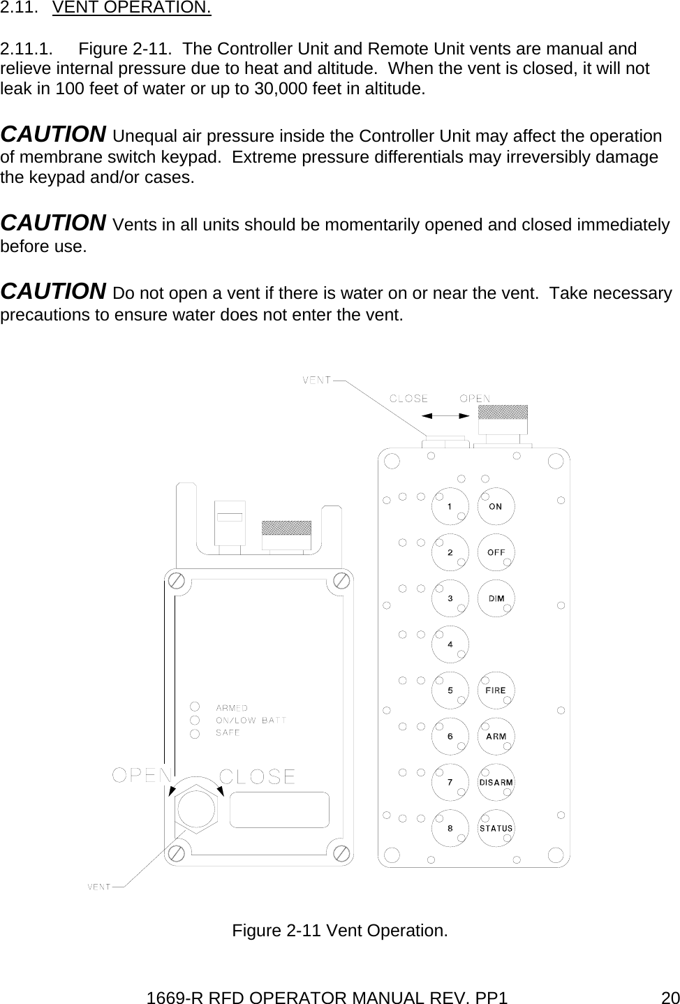 1669-R RFD OPERATOR MANUAL REV. PP1  202.11. VENT OPERATION. 2.11.1.  Figure 2-11.  The Controller Unit and Remote Unit vents are manual and relieve internal pressure due to heat and altitude.  When the vent is closed, it will not leak in 100 feet of water or up to 30,000 feet in altitude.  CAUTION Unequal air pressure inside the Controller Unit may affect the operation of membrane switch keypad.  Extreme pressure differentials may irreversibly damage the keypad and/or cases. CAUTION Vents in all units should be momentarily opened and closed immediately before use. CAUTION Do not open a vent if there is water on or near the vent.  Take necessary precautions to ensure water does not enter the vent.  Figure 2-11 Vent Operation. 