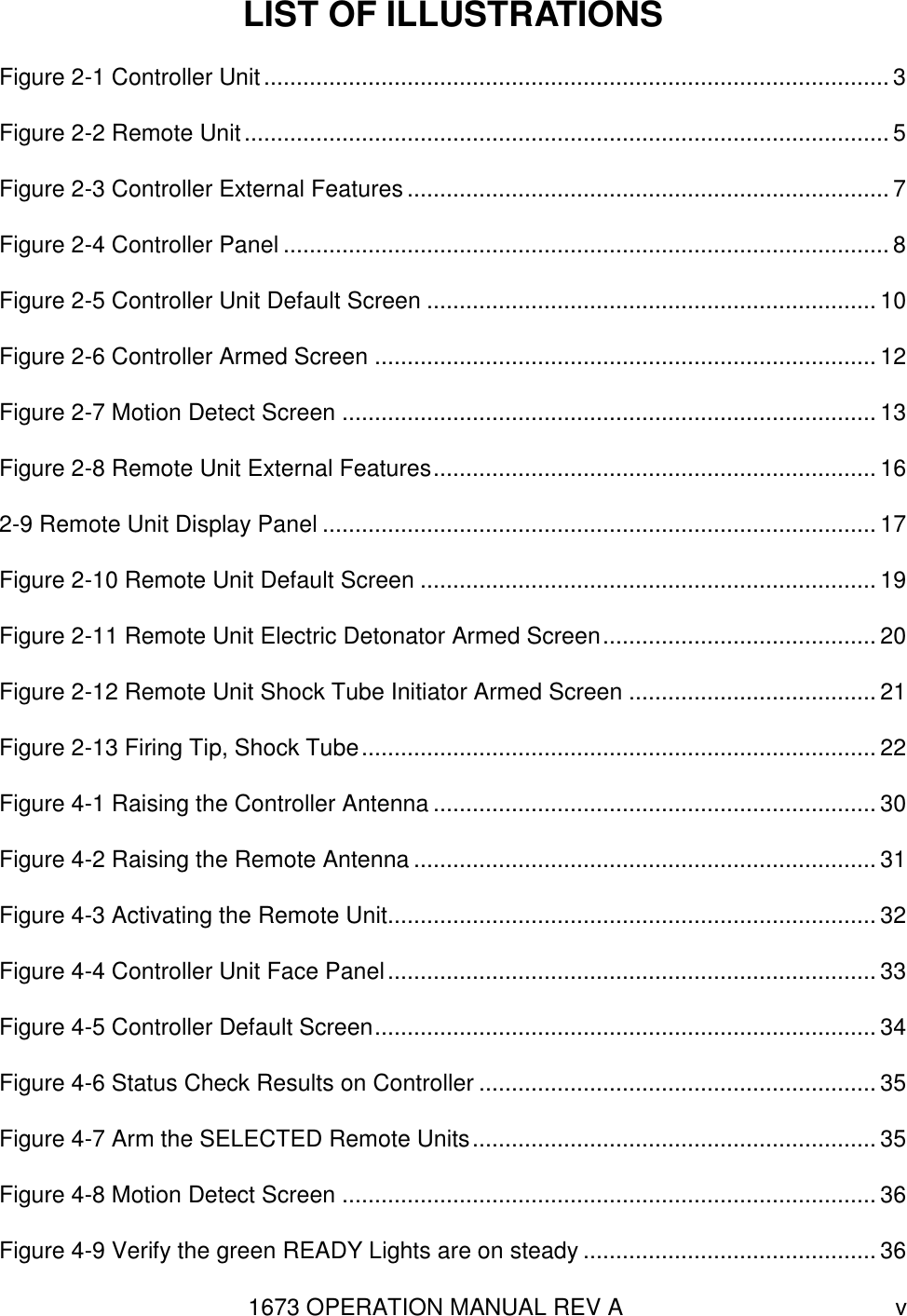 1673 OPERATION MANUAL REV A v LIST OF ILLUSTRATIONS Figure 2-1 Controller Unit ................................................................................................ 3 Figure 2-2 Remote Unit ................................................................................................... 5 Figure 2-3 Controller External Features .......................................................................... 7 Figure 2-4 Controller Panel ............................................................................................. 8 Figure 2-5 Controller Unit Default Screen ..................................................................... 10 Figure 2-6 Controller Armed Screen ............................................................................. 12 Figure 2-7 Motion Detect Screen .................................................................................. 13 Figure 2-8 Remote Unit External Features .................................................................... 16 2-9 Remote Unit Display Panel ..................................................................................... 17 Figure 2-10 Remote Unit Default Screen ...................................................................... 19 Figure 2-11 Remote Unit Electric Detonator Armed Screen .......................................... 20 Figure 2-12 Remote Unit Shock Tube Initiator Armed Screen ...................................... 21 Figure 2-13 Firing Tip, Shock Tube ............................................................................... 22 Figure 4-1 Raising the Controller Antenna .................................................................... 30 Figure 4-2 Raising the Remote Antenna ....................................................................... 31 Figure 4-3 Activating the Remote Unit........................................................................... 32 Figure 4-4 Controller Unit Face Panel ........................................................................... 33 Figure 4-5 Controller Default Screen ............................................................................. 34 Figure 4-6 Status Check Results on Controller ............................................................. 35 Figure 4-7 Arm the SELECTED Remote Units .............................................................. 35 Figure 4-8 Motion Detect Screen .................................................................................. 36 Figure 4-9 Verify the green READY Lights are on steady ............................................. 36 