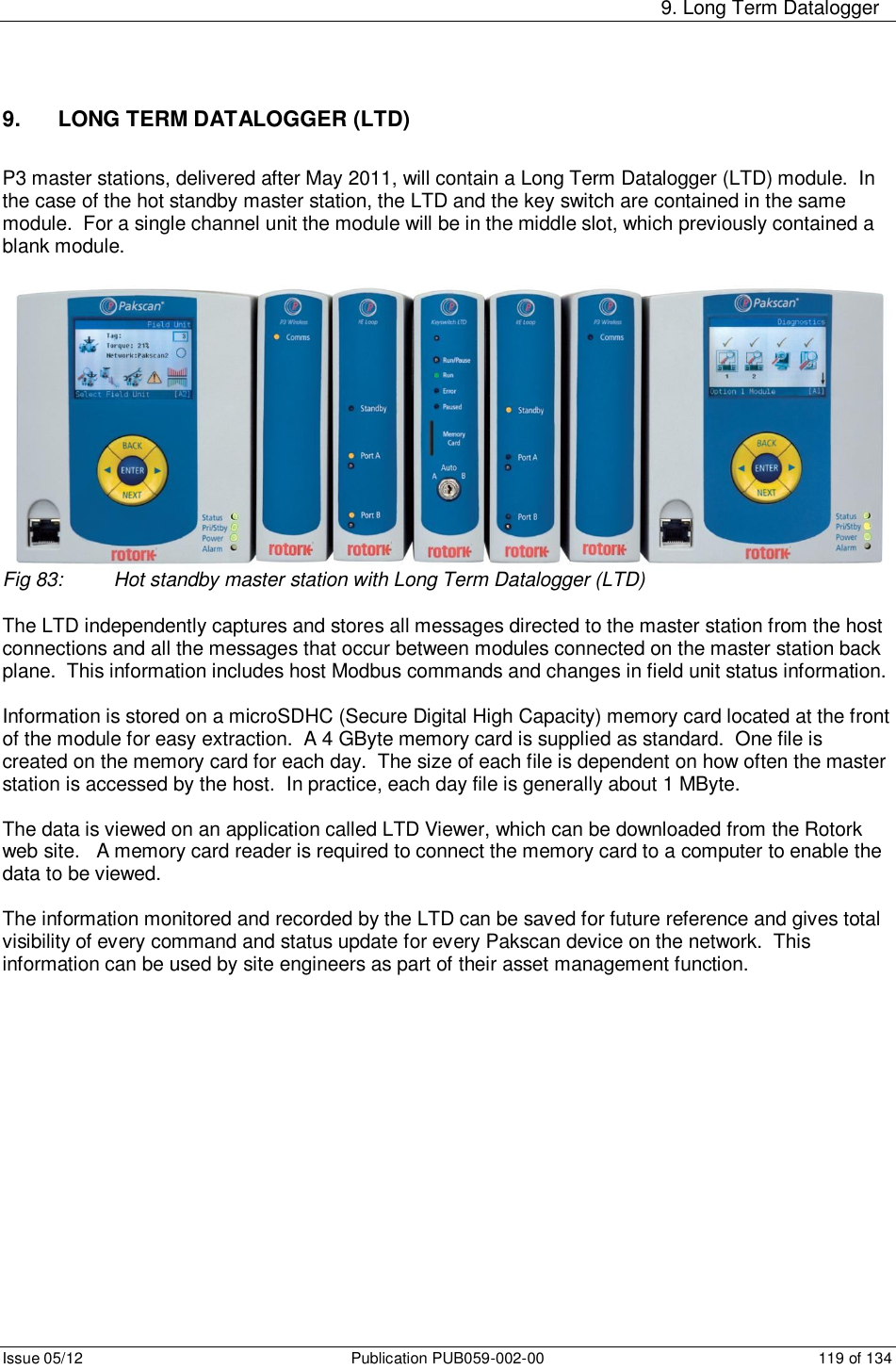     9. Long Term Datalogger Issue 05/12  Publication PUB059-002-00  119 of 134 9.   LONG TERM DATALOGGER (LTD) P3 master stations, delivered after May 2011, will contain a Long Term Datalogger (LTD) module.  In the case of the hot standby master station, the LTD and the key switch are contained in the same module.  For a single channel unit the module will be in the middle slot, which previously contained a blank module.   Fig 83:  Hot standby master station with Long Term Datalogger (LTD)  The LTD independently captures and stores all messages directed to the master station from the host connections and all the messages that occur between modules connected on the master station back plane.  This information includes host Modbus commands and changes in field unit status information.  Information is stored on a microSDHC (Secure Digital High Capacity) memory card located at the front of the module for easy extraction.  A 4 GByte memory card is supplied as standard.  One file is created on the memory card for each day.  The size of each file is dependent on how often the master station is accessed by the host.  In practice, each day file is generally about 1 MByte.   The data is viewed on an application called LTD Viewer, which can be downloaded from the Rotork web site.   A memory card reader is required to connect the memory card to a computer to enable the data to be viewed.  The information monitored and recorded by the LTD can be saved for future reference and gives total visibility of every command and status update for every Pakscan device on the network.  This information can be used by site engineers as part of their asset management function.      