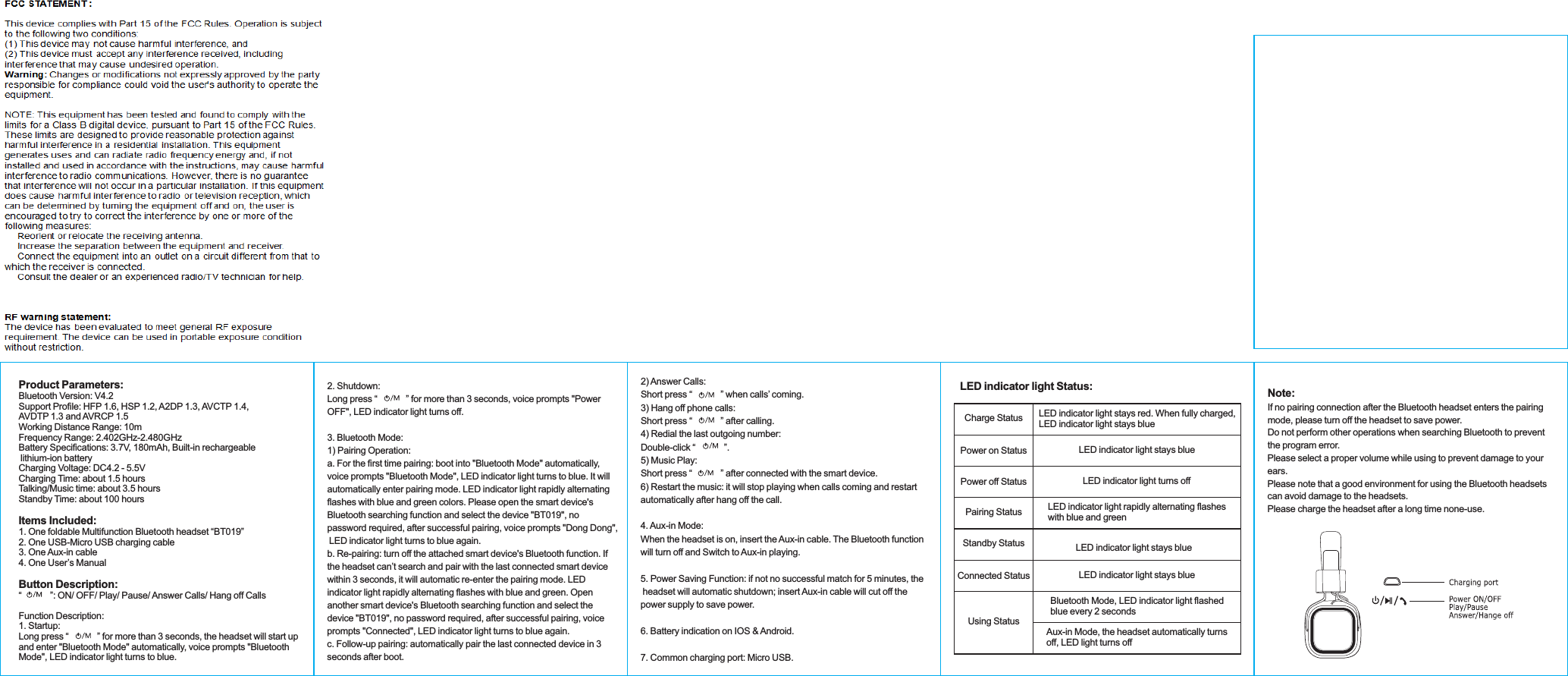 Product Parameters:Bluetooth Version: V4.2Support Profile: HFP 1.6, HSP 1.2, A2DP 1.3, AVCTP 1.4, AVDTP 1.3 and AVRCP 1.5Working Distance Range: 10mFrequency Range: 2.402GHz-2.480GHzBattery Specifications: 3.7V, 180mAh, Built-in rechargeable lithium-ion batteryCharging Voltage: DC4.2 - 5.5VCharging Time: about 1.5 hoursTalking/Music time: about 3.5 hoursStandby Time: about 100 hoursItems Included:1. One foldable Multifunction Bluetooth headset “BT019”2. One USB-Micro USB charging cable 3. One Aux-in cable4. One User’s ManualButton Description:“           ”: ON/ OFF/ Play/ Pause/ Answer Calls/ Hang off CallsFunction Description:1. Startup:Long press “           ” for more than 3 seconds, the headset will start up  and enter &quot;Bluetooth Mode&quot; automatically, voice prompts &quot;Bluetooth Mode&quot;, LED indicator light turns to blue.2. Shutdown: Long press “           ” for more than 3 seconds, voice prompts &quot;Power OFF&quot;, LED indicator light turns off.3. Bluetooth Mode:1) Pairing Operation:a. For the first time pairing: boot into &quot;Bluetooth Mode&quot; automatically, voice prompts &quot;Bluetooth Mode&quot;, LED indicator light turns to blue. It will automatically enter pairing mode. LED indicator light rapidly alternating flashes with blue and green colors. Please open the smart device&apos;s Bluetooth searching function and select the device &quot;BT019&quot;, no password required, after successful pairing, voice prompts &quot;Dong Dong&quot;, LED indicator light turns to blue again.b. Re-pairing: turn off the attached smart device&apos;s Bluetooth function. If the headset can’t search and pair with the last connected smart device within 3 seconds, it will automatic re-enter the pairing mode. LED indicator light rapidly alternating flashes with blue and green. Open another smart device&apos;s Bluetooth searching function and select the device &quot;BT019&quot;, no password required, after successful pairing, voice prompts &quot;Connected&quot;, LED indicator light turns to blue again.c. Follow-up pairing: automatically pair the last connected device in 3 seconds after boot.2) Answer Calls: Short press “           ” when calls’ coming.3) Hang off phone calls:Short press “           ” after calling.4) Redial the last outgoing number:Double-click “           ”.5) Music Play:Short press “           ” after connected with the smart device.6) Restart the music: it will stop playing when calls coming and restart automatically after hang off the call.4. Aux-in Mode:When the headset is on, insert the Aux-in cable. The Bluetooth function will turn off and Switch to Aux-in playing.5. Power Saving Function: if not no successful match for 5 minutes, the headset will automatic shutdown; insert Aux-in cable will cut off the power supply to save power.6. Battery indication on IOS &amp; Android.7. Common charging port: Micro USB.                             Aux-in Mode, the headset automatically turns off, LED light turns offNote:If no pairing connection after the Bluetooth headset enters the pairing mode, please turn off the headset to save power.Do not perform other operations when searching Bluetooth to prevent the program error.Please select a proper volume while using to prevent damage to your ears.Please note that a good environment for using the Bluetooth headsets can avoid damage to the headsets.Please charge the headset after a long time none-use.LED indicator light Status:Charge Status LED indicator light stays red. When fully charged, LED indicator light stays bluePower on Status LED indicator light stays bluePower off Status LED indicator light turns offLED indicator light rapidly alternating flashes with blue and greenPairing StatusStandby Status LED indicator light stays blueLED indicator light stays blueConnected Status Using StatusBluetooth Mode, LED indicator light flashed blue every 2 seconds