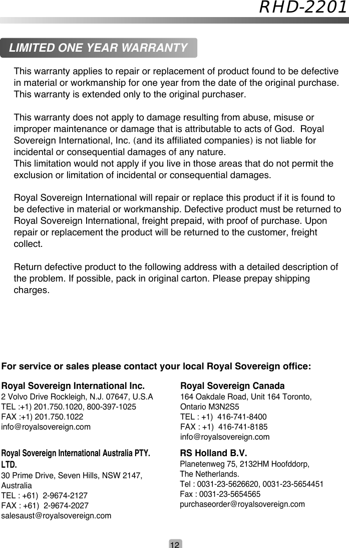 Page 12 of 12 - Royal-Sovereign Royal-Sovereign-Rhd-2201-Users-Manual- RHD-2201 Manual(US)  Royal-sovereign-rhd-2201-users-manual